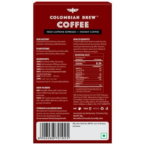 Colombian Brew Coffee Instant Coffee Powder - High Caffeine Espresso, 50 g (25 Sachets)-2.webp